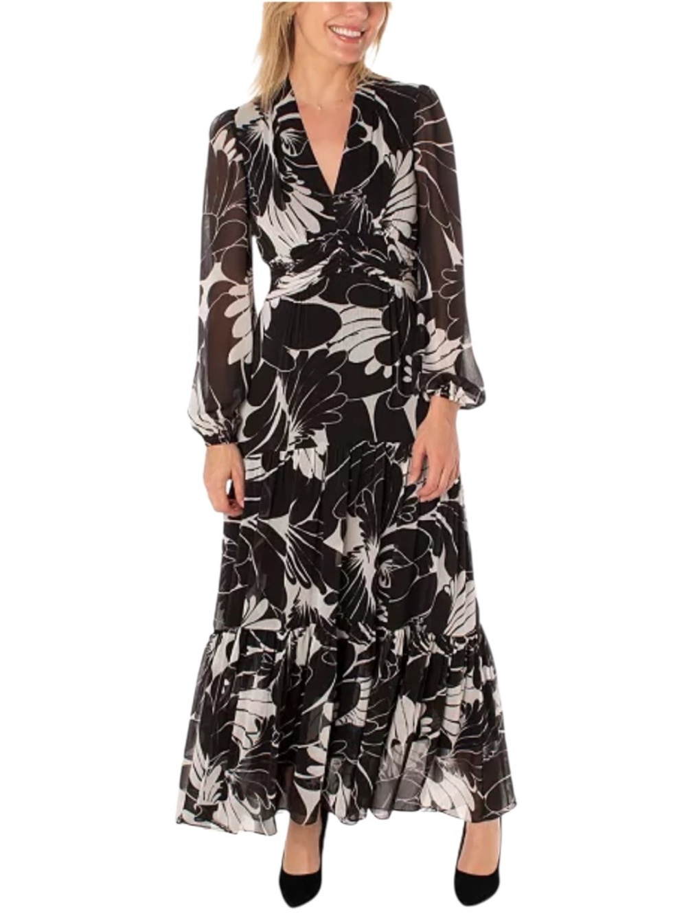 Taylor Petite Floral Printed Blouson Sleeve Black & White Tiered Maxi Dress